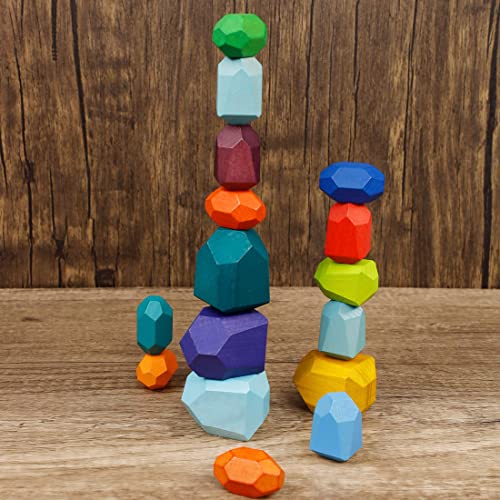 Image of Cllayees 16 Pcs Wooden Stacking Blocks Rocks Building Toys, Colored Solid Wood Stones Pre-School Educational Games Creative Toys for Kids Toddlers (Pack of 2)