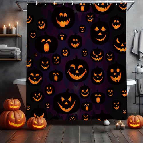 MEHOFOND Halloween Pumpkin Shower Curtain - Evil Purple Fall Bathroom Decor - Washable Durable Fabric 72x72 Inch