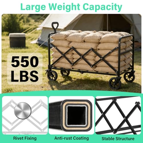 Image of Upgraded Heavy Duty Foldable Wagon - 550LBS Capacity, All-Terrain Wheels & Brakes, Large Collapsible Cart for Beach, Camping, Grocery & Sports (Black)