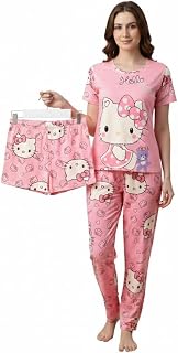 BlackBasket Night Suit Combo for Women 3 Pcs Night Suit Set |Soft Lycra Blend Printed Nightdress T Shirt Pyjama Shorts | N... Price In India