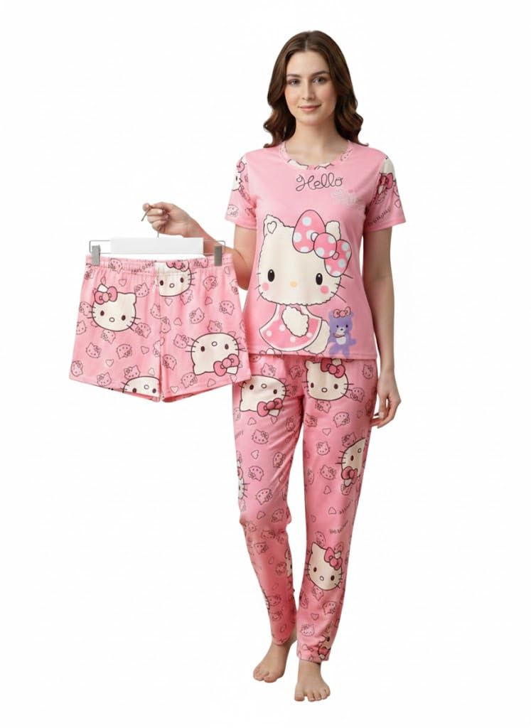 Night Suit Combo for Women 3 Pcs Night Suit Set |Soft Lycra Blend Printed Nightdress T Shirt Pyjama Shorts | Nightwear | Sleepwear | Loungewear for Woman Night Suit Combo for Women 3 Pcs Night Suit Set |Soft Lycra Blend Printed Nightdress T Shirt Pyjama Shorts | Nightwear | Sleepwear | Loungewear for Woman