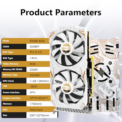 Image of SURALLOW RX 580 8GB Graphics Card, 2048SP,GDDR5,256 Bit Graphics Card for Gaming PC,PCIE 3.0,Twin Freeze Fans Computer Video Card with HDMI /DP /Ports