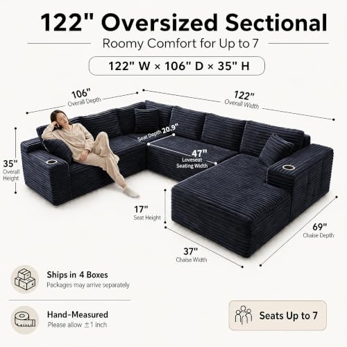 Image of 122 inch Oversized Cloud Sectional Couch for Living Room, 7 Seater U Shaped Sofa Modular Boneless Couch with Chaise | Deep Seater | Cup Holder | Side Pocket | No Assembly | Plus Corduroy, Dark Gray