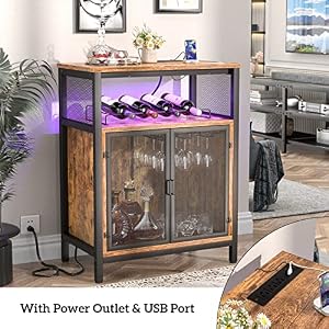 Unikito Wine Bar Cabinet with Power Outlet & LED Light, Home Mini Coffee Bar with Glass Holder, Liquor Cabinet with Wine Rack, Small Sideboard and Buffet Cabinet for Kitchen Dining Room, Rustic Brown Unikito Wine Bar Cabinet with Power Outlet LED Light Home Mini Coffee Bar with Glass Holder Liquor Cabinet with Wine Rack Small Sideboard and Buffet Cabinet for Kitchen Dining Room Rustic Brown