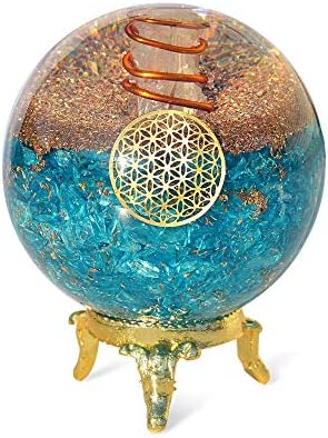 Orgonite Crystal Blue Aquamarine Crystal Ball with Stand for Positive Energy, E-emission Protection and Chakra Balancing –with Flower of Life Symbol to Promote Purpose, Serenity and Courage