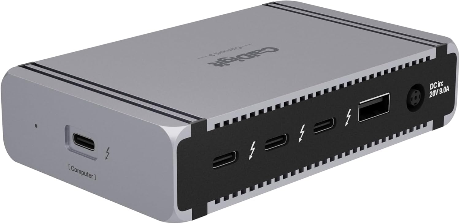 CalDigit E5 – Thunderbolt 5 Element 5 Hub – 9 porte, 4 x Thunderbolt 5/USB4 v2 porte, 3 x USB-A & 2 x USB-C 10 Gbps Ports, Single 8K, Dual 6K/8K, Oro Dual 4K@240Hz Displays, 90 W Charging, 0,8 m Cavo