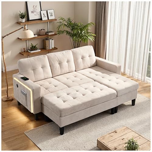 Wyibwy Sofá modular moderno en forma de L de tres plazas con reposapiés extraíble, iluminación LED, puertos USB y bolsillos laterales en los reposabrazos, sofá cama multifuncional (beige)