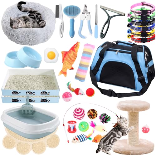 Kitten Starter Kit 37 Pcs of Kitten Starter Kit for Indoor Kittens Cat Essentials Including Cat Bed Carrier Litter Mat Litter Box Collar Bowls C at Toys and Others (Blue)