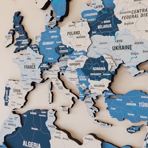 Colorfull Worlds 3D Wooden World Map Wall Art - Premium Multicolored World Travel Map for Wall Decor with Push Pins- Ideal Housewarming Gift & Travel Tracker (Medium Navy)