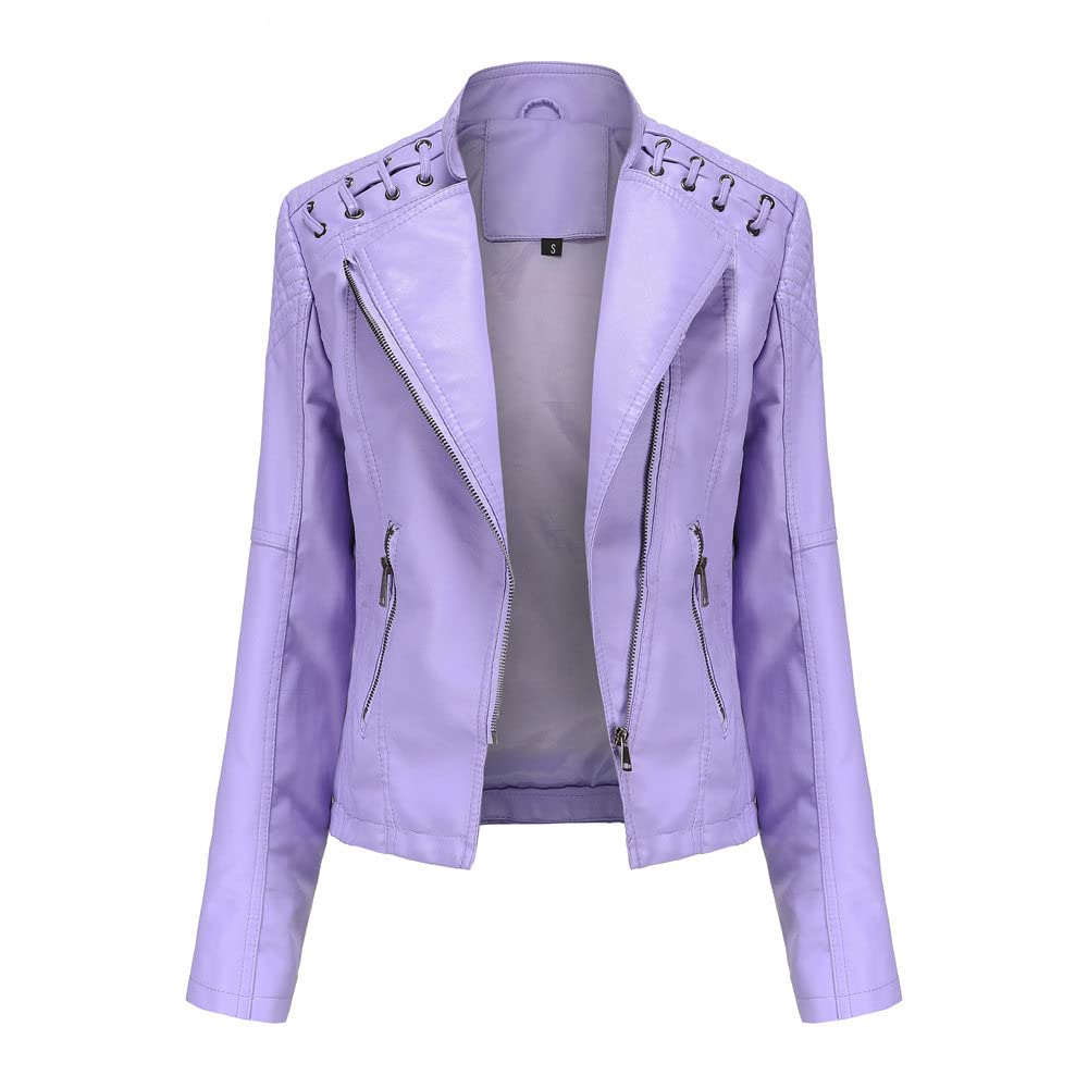 Chaqueta Mujer Primavera,Chaqueta De Piel Sintética Para Mujer, Color Morado Claro, Solapa, Cremallera, Hebilla En El Hombro, Costura Vintage, Manga Larga, Corte Ajustado, Moto Biker, Pu, ​​Abrig