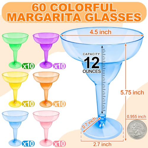 TURNMEON 60 Pack Multicolor Plastic Margarita Glasses 12 oz Disposable Cocktail Cups for Cinco De Mayo Decorations Fiesta Party Decorations Fun Taco Tuesday Mexican Themed Party Supplies by TURNMEON - Image 2