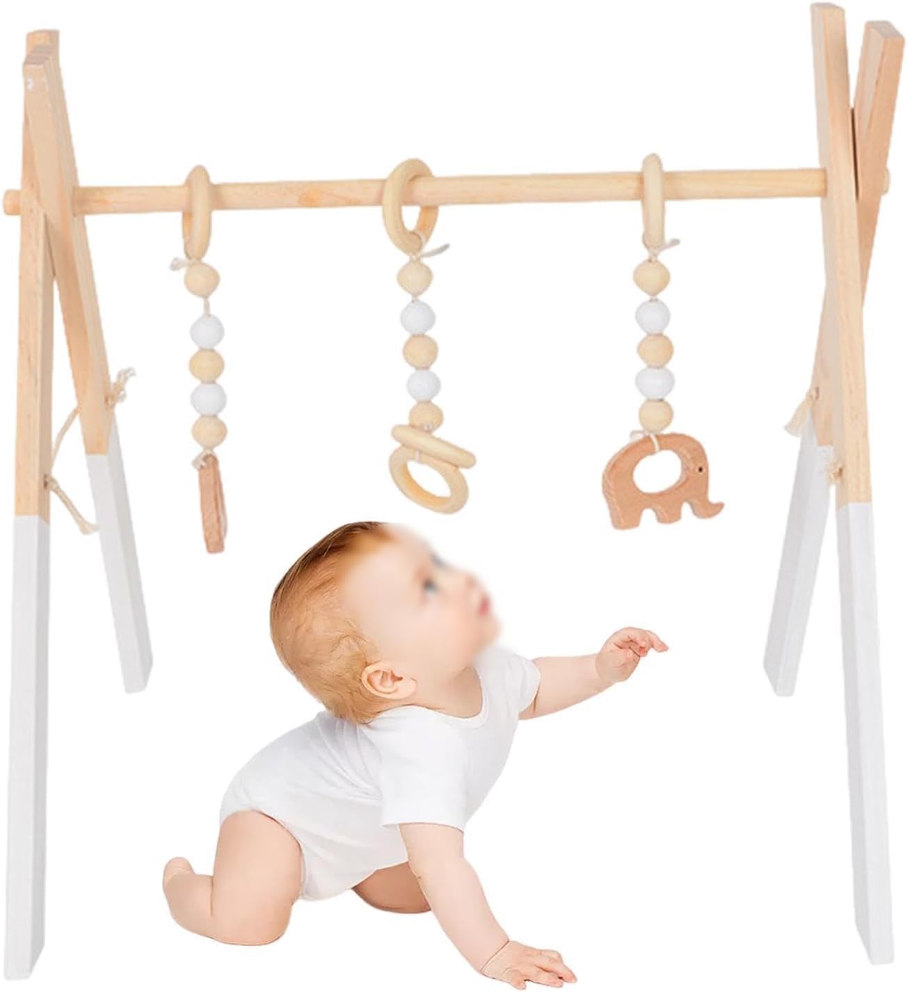 Foldable Wooden Baby Play Gym Frame with Hanging Toys