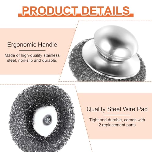 Image of 2 Pcs Stainless Steel Wool Scrubbers with Handle and 2 Pcs Replacement Metal Wool Pads, Steel Pot Dishes Scrubber for Scouring Stubborn Messes from Cast Iron, Pots, Pans, Grill, Stoves, Sink, Dishes