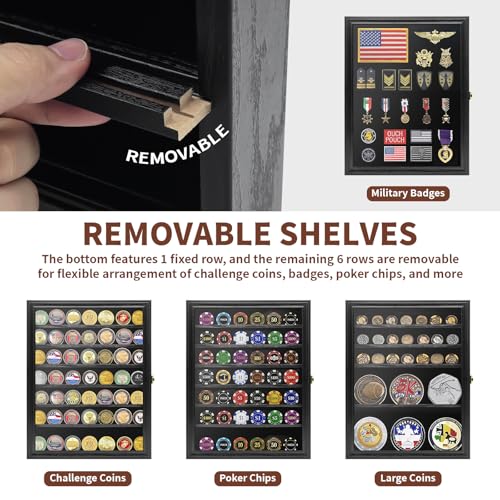 Image of Challenge Coin Display Case, 7 Rows Lockable Military Coin Display Cabinet with UV Acrylic Door, Removable Shelves & Felt Background, Large Shadow Box