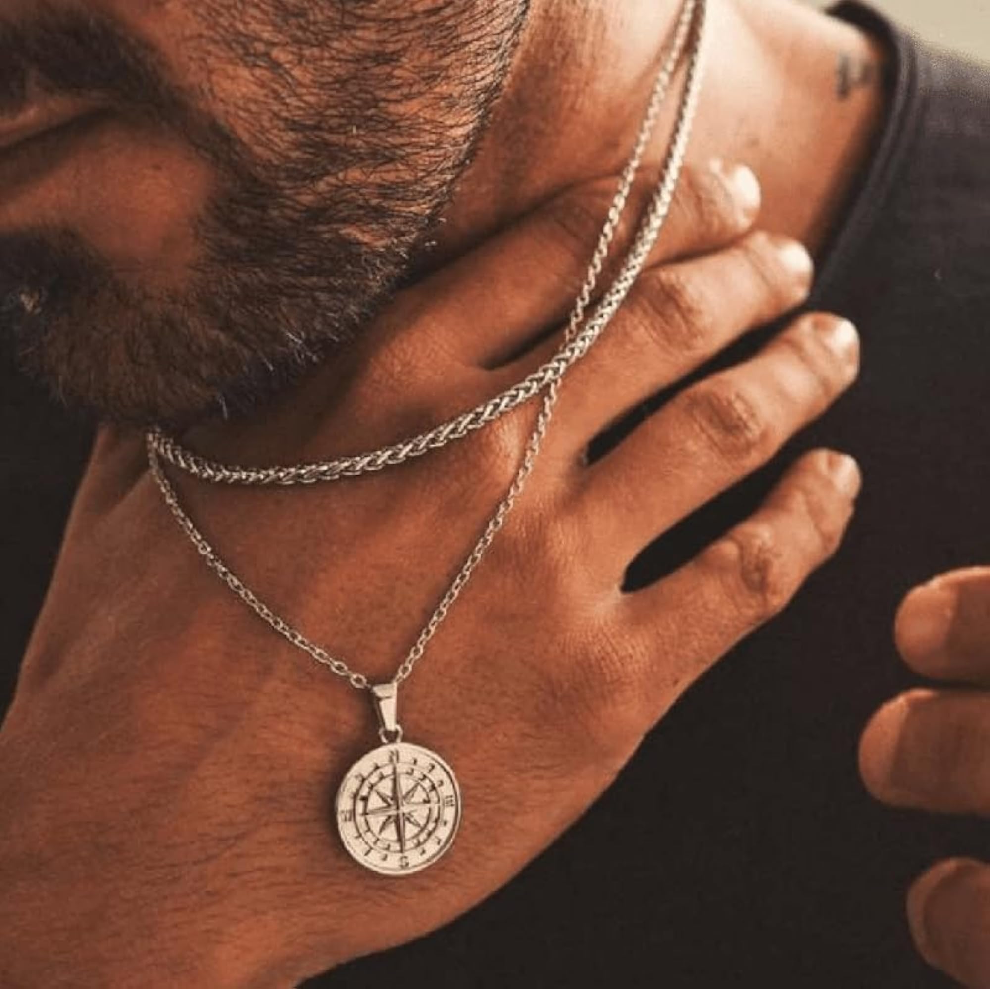 NORTH STAR Silver Tone Titanium Steel Pendant with Box Chain Set