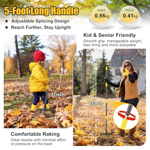Garden Rake for Leaves: 18” Wide Metal Leaf Rake, 65” Long Adjustable Handle, Heavy Duty 25 Teeth, Fast Kids Women Large Lawn Yard Garden Leaf Cleanup Gardening Rakes: Grass,Debris,Pine Needles Pick