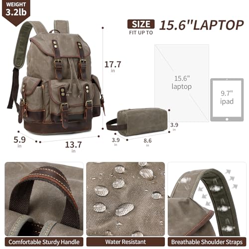 Vintage Leather Canvas Backpack, Waxed Canvas Shoulder Rucksack for Travel Laptop Bag for Business Travel Backpack With Toiletry Bag(Army Green)4