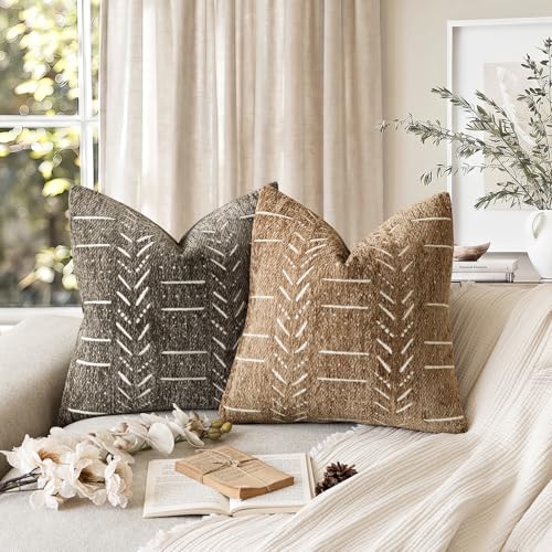 Image of Foindtower Set of 2 Decorative Chenille Jacquard Throw Pillow Covers Textured Farmhouse Vintage Cushion Covers Modern Boho Accent Home Decor for Sofa Chair Couch Bedroom Living Room,18x18 Inch,Bronze