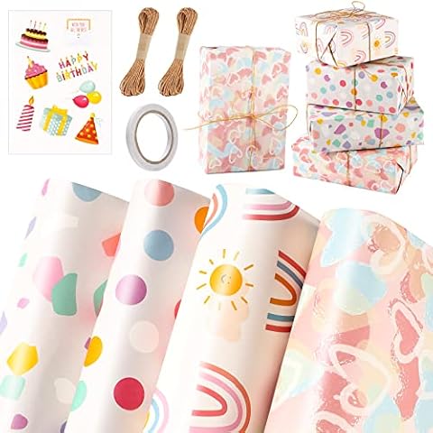 Geschenkpapier Geburtstag Set, 4 Blatt 70 X 50 cm Geschenkpapier Bunt mit Kraftpapierseil Geburtstag Aufkleber Doppelseitigem Klebeband Mitgebsel für Kinder Geburtstag Party Valentinstag Festival Cover