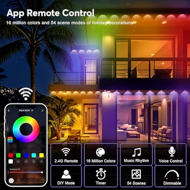 Permanent Outdoor Lights, 200ft RGB+IC Eaves Light with 80 LED Lights, IP68 Waterproof, 72 Scene Modes for Outdoor Decorations, App/Remote Control, House Roof Lighting