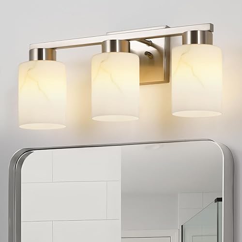 Miniatura 6 de Lámpara de baño de 3 luces, luces modernas de tocador, lámpara de pared de metal de níquel cepillado con vidrio de mármol blanco para baño, espejo,