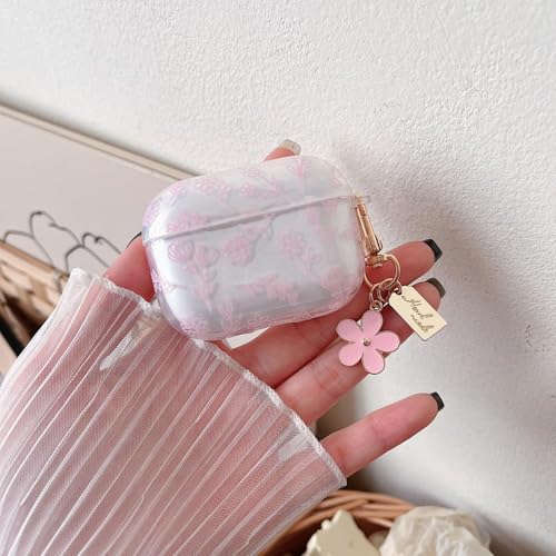 Image of MINSCOSE Compatible with AirPods Pro 2 Clear Case,Cute Flower Floral Aesthetic Design with Flowers Keychain, Soft TPU Protective Shockproof Case for Women Girl for Airpod Pro 2-Pink