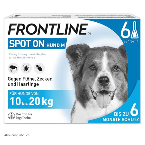 FRONTLINE Spot ON Hund M gegen Zecken, Flöhe & Haarlinge (10 bis 20 kg) - 6X Pipetten für bis zu 6 Monate Schutz - wasserfest
