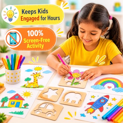 Image of Pandaworld Kids Wooden Painting Stencil kit (20 pcs) with Crayons, Sketch pens and Pencil Colors, Wooden Drawing Craft, Colouring Puzzle kit | Birthday Gift for Boys & Girls Age 3 4 5 6+ Years