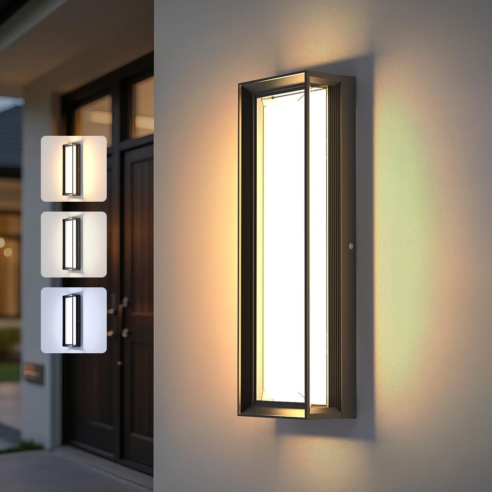 LED Outdoor Wall Lights,Dimmable Exterior Wall Sconce 16",3000K / 4000K / 6000K,IP65 Waterproof,c Black Outside Light for Porch,Garage,Entrance,Hallway,Patio,Garden,House