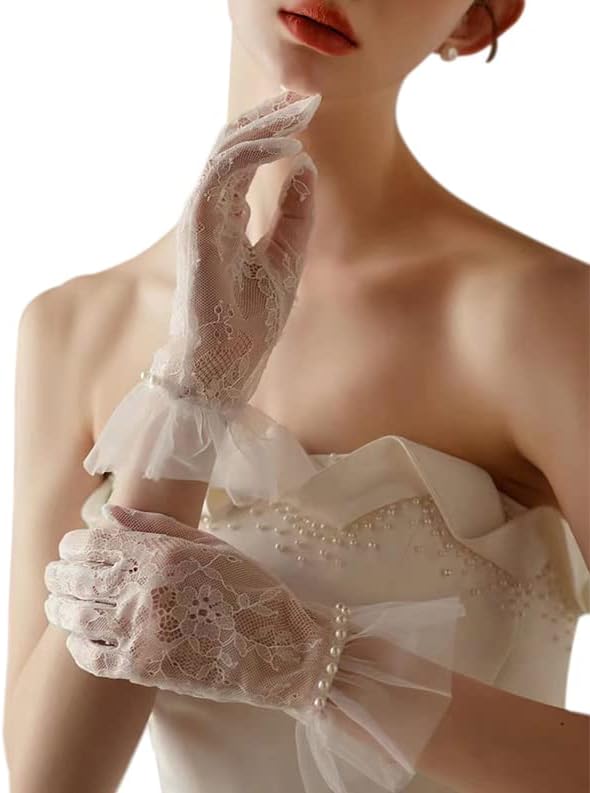 Short Lace Mesh Gloves Tulle Border with Pearls Wedding Opera Tea Party Gloves for Women Formal