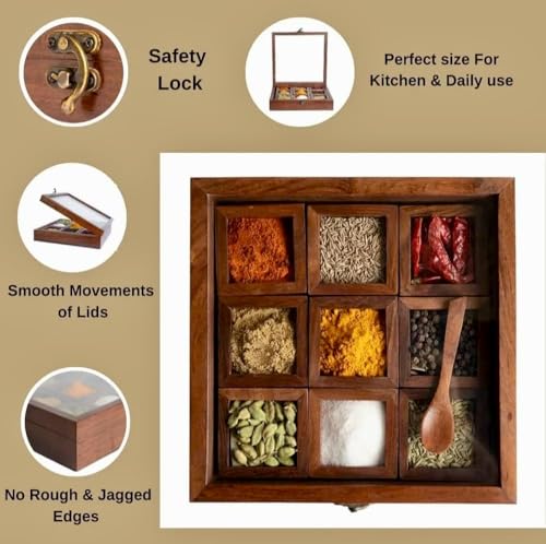 Image of THEHEARTWILL Sheesham Wooden Spice Box with 2 Spoons | Wooden Masala Box for Kitchen with Removable Partitions | Spice Box Wooden Namak Dani | Wood Masala Dabba Dani Container, Brown. (Masala dabba)
