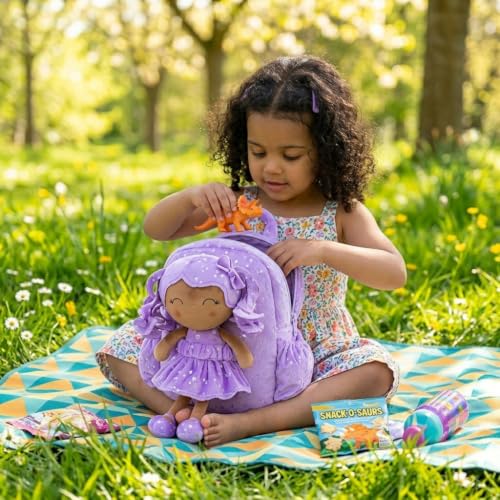 Image of Gloveleya Toddler Backpacks Baby Girl Gifts Curly Hair Plush Figures Dress Backpack - Silver Heart Accents in Deep Purple 11''