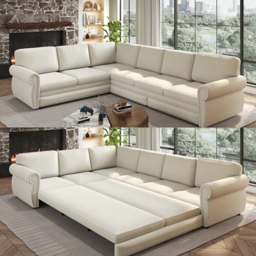 Image of KEIKI 118 inch Chesterfield Sleeper Sofa, Chenille Sectional Couch, Beige | L Shaped, Pull Out Bed Design, Nailhead Trim Detail, Rolled Armrest, 6 Seat Seating, Living Room Guest Room Use