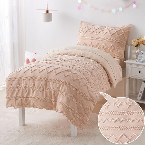 Image of Toddler Bedding Set for Girls 4-Piece Boho Beige Tufted Toddler Comforter Set Jacquard Tufts Bed-in-a-Bag Crib Toddler Bed Sheet Set for Kids with Comforter, Flat Sheet, Fitted Sheet, Pillowcase