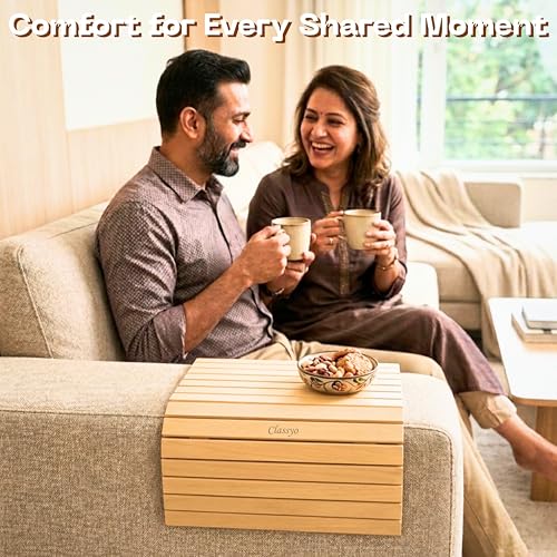Image of Classyo Sofa Armrest Tray, Sofa Arm Tray - Dining Table Mats Flexible & Foldable - Suitable for Food, Drinks, Snacks, Cup- Pine Wood (11 in x 17 in)