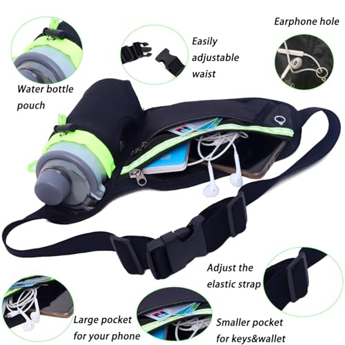 Guyode Bauchtasche mit Flaschenhalter, Laufgürtel, Running Belt, Trinkgürtel Laufen, mit Reißverschlusstaschen auf Reisen Joggen Wandern Hundespaziergänge Klettern (Flaschen Nicht Inklusive) Schwarz