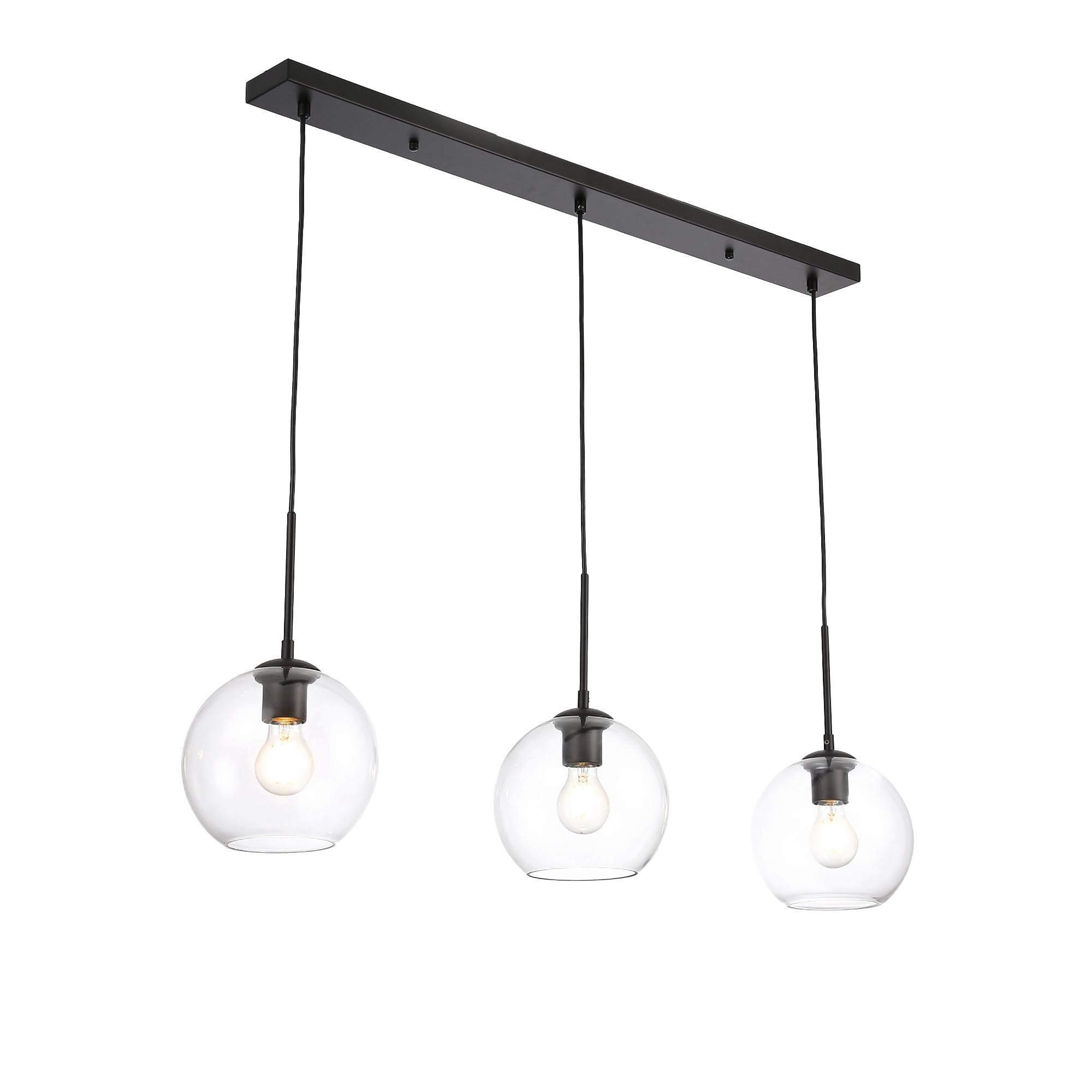 Suspension triple E27 à 3 lumières Negrotriple, design industriel vintage moderne, sphères en verre transparent, hauteur réglable, idéale pour salle à manger, salon, îlot de cuisine et chambre