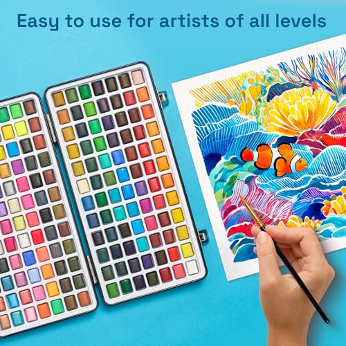 Image of ARTISTRO 168 Color Watercolor Paint Set - Portable Paint Art Kit with Palette and Brush Pens - Travel Water Color Set for Adults, Professionals, Kids - Art and Painting Supplies - Gift Idea