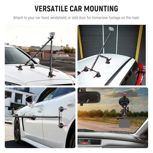 Image of NEEWER Triple Suction Cup Car Mount Kit, Carbon Fiber Camera Mount with Action Camera Adapter, NATO Rail & 24 inch /60cm Extension Pole Compatible with GoPro Insta360, 2.2lb /1kg Max Load, CA136