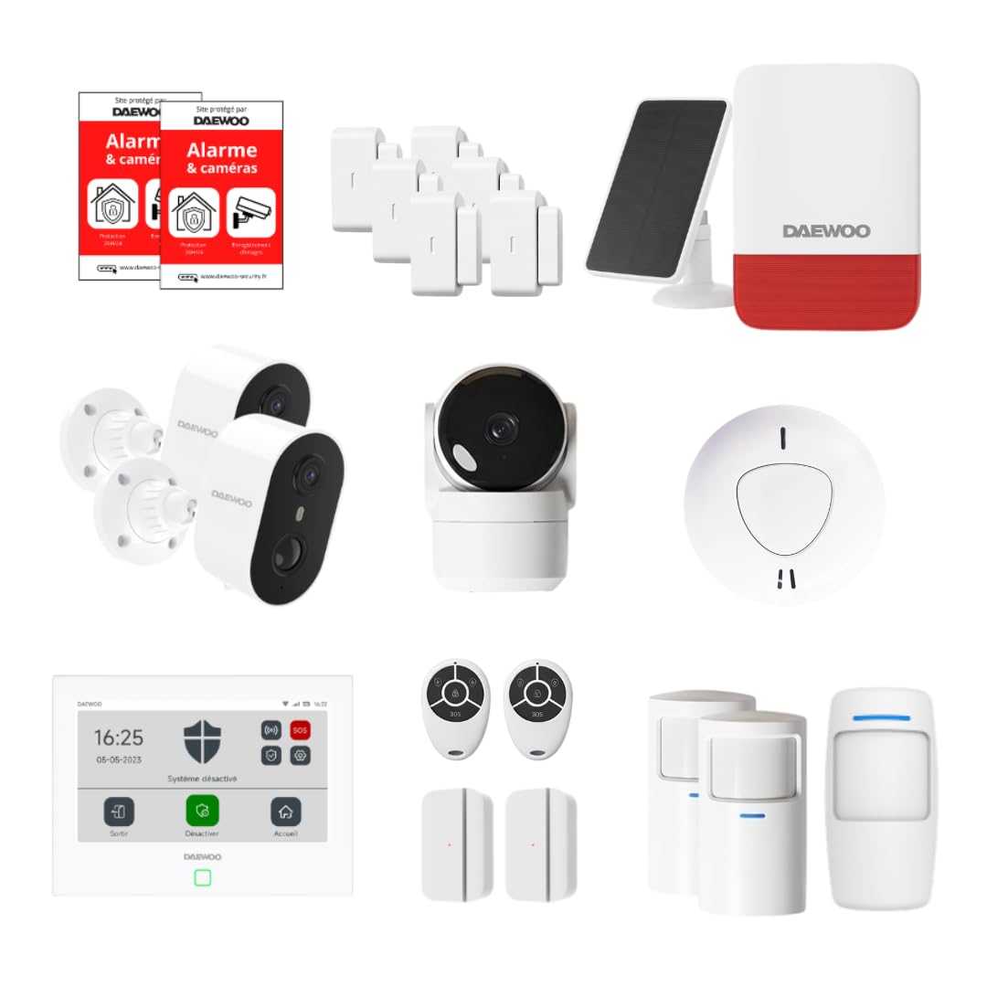 Alarm podłączony do domu bez abonamentu - Daewoo Security Smart Protect Safety Max z kamerami HD, syreną słoneczną, czujnikiem dymu i 8 stycznikami drzwiowymi - kompatybilny z Alexa i Google Home
