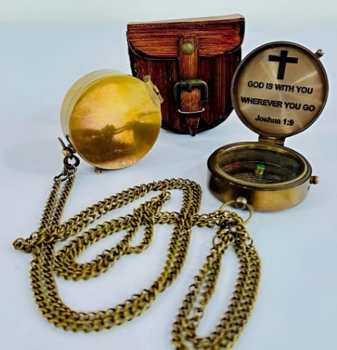 Brújula vintage de latón con colgante de cruz cristiana inspiradora, para hombres y mujeres, regalo de joyería de fe con cadena y bolsa de cuero miniatura 1