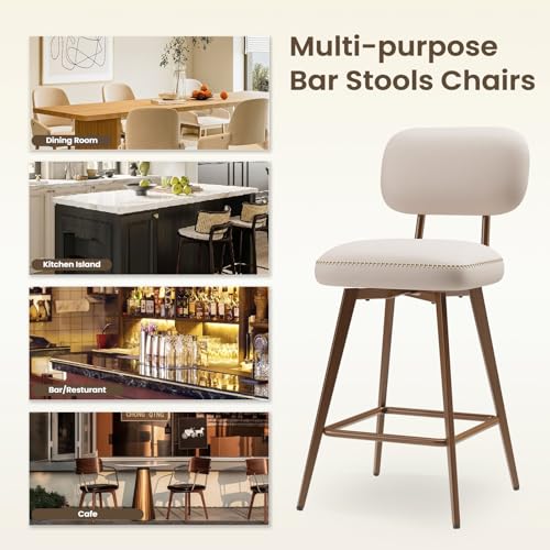 Image of MALOL 26 inch PU Leather Swivel Bar Stools Set of 4, Mid Century Counter Height Bar Chairs with Low Back and Metal Legs, Modern Bar Stool Chair for Kitchen Island, Beige