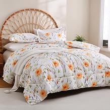 JSD Floral Printed Comforter Set Queen Size, Yellow Spring Flower Pattern Bed Set, Botanical Microfiber Beddings Comforter with Pillow Shams