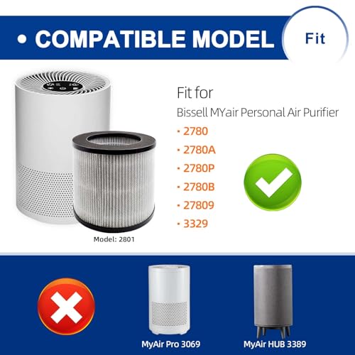 2801 Replacement Filter Compatible with Bissell MYair Personal Air Purifiers 2780 2780A 2780B 2780P and 27809 - Compare to My Air Part 2801-3-in-1 HEPA and Activated Carbon Filters (2 Pack) - Thumbnail 2
