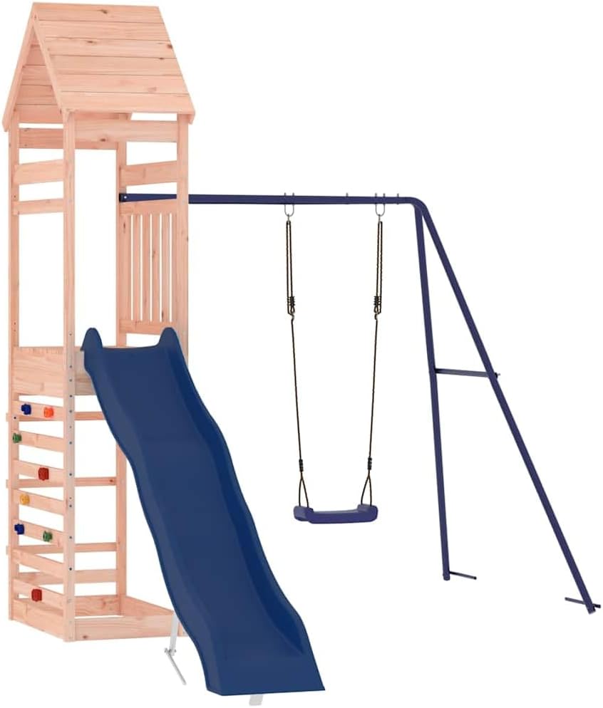 Natural Wood Solid Douglas Fir Outdoor Playset with Smooth Wave Slide, Saddle Swing, and Climbing Wall for Backyard Fun, Durable Construction, Large Playset for Active Play,