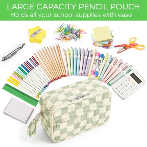 Image of WOBAGMEN Cute Pencil Case,Large Corduroy Zippered Pencil Case Pouch, Aesthetic Pencil Bag with Compartments, Pencil Pouch School Supplies (Green checked)