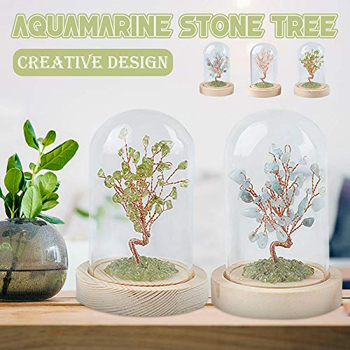 VELIHOME Árvore de pedra água-marinha de cristal natural com capa de vidro, ornamentos de árvore de