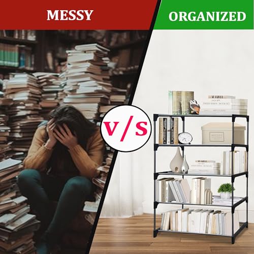 Image of 5 Tier Metal Book Shelf Tall Narrow Storage Rack for Kids and Adults Modern Bookshelf Unit for Nursery, School, Home, and Office, Floor Mount Open, Black