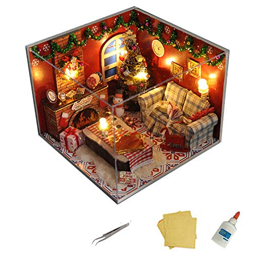 MAGQOO DIY Dollhouse Miniatue Kit with Furniture,3D Wooden Miniature House with Dust Cover,Miniature Dolls House Kit(Christmas Eve)
