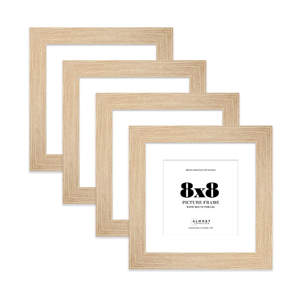 8x8 Oak Square Frame With Mount for 6x6 Pictures 28mm Edge Frame Display with Wall Hooks and Kickstand, 4 Pack